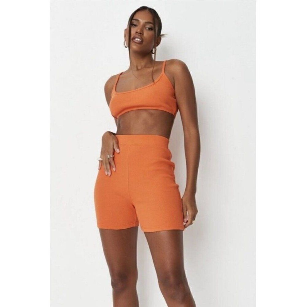 missguided womens New Ribbed solid coral orange biker athletic shorts small